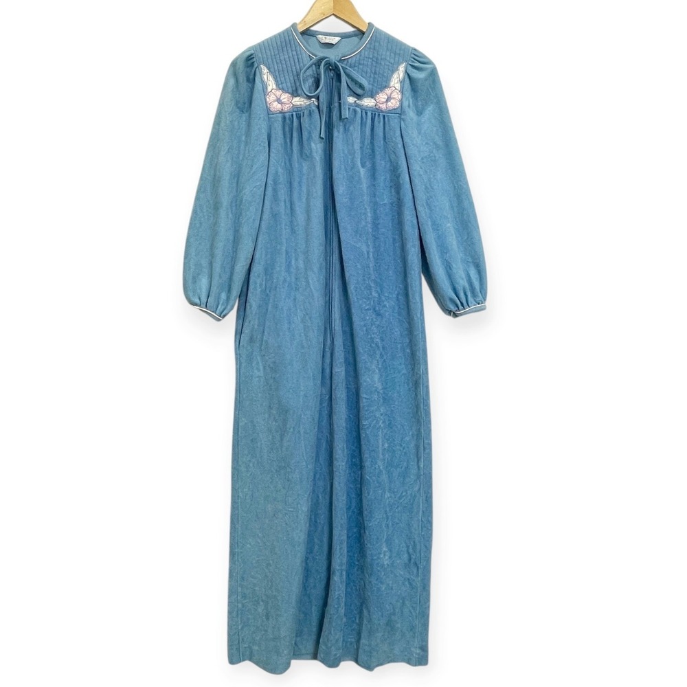 VTG 80s Komar Blue Velour Floral Embroidered Long Housecoat Size S Cottagecore